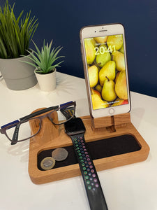 Personalised phone, Apple Watch and glasses charging stand in solid oak