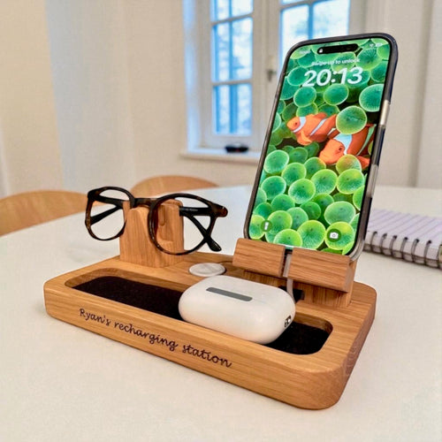Personalised phone, Apple Watch and glasses charging stand in solid oak