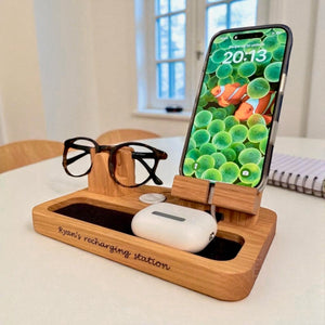 Personalised phone, Apple Watch and glasses charging stand in solid oak