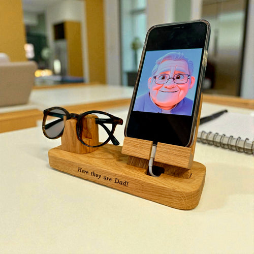 Phone and glasses holder, charging station, desk and bedside organiser