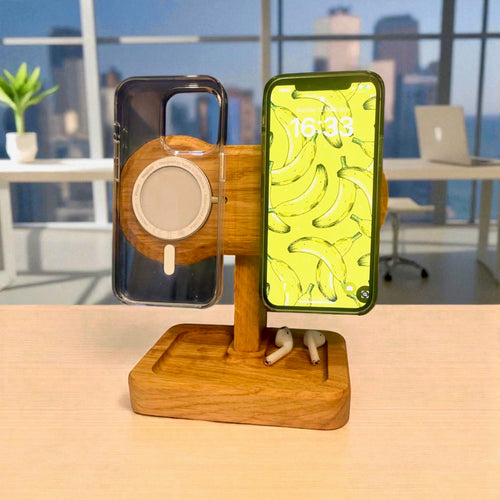 MagSafe dual iPhone docking station, wooden wireless charging in solid oak