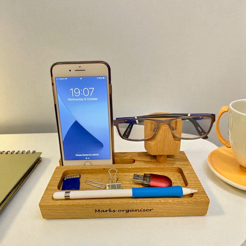 Bedside organiser, desk tidy, solid oak desk organiser, phone and glasses stand