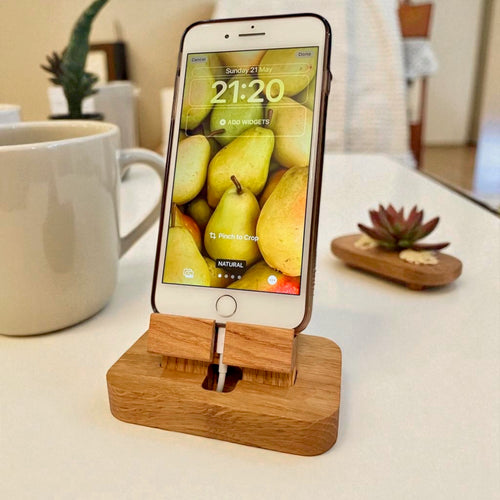 Personalised phone charging stand, iPhone, Samsung, Android solid oak docking station