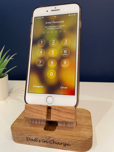 Personalised phone charging stand, iPhone, Samsung, Android solid oak docking station
