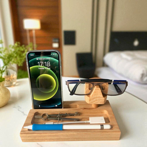 Bedside organiser, desk tidy, solid oak desk organiser, phone and glasses stand