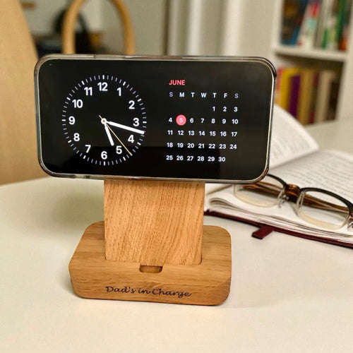 iPhone MagSafe charging stand, wooden docking station, Qi2 wireless charging