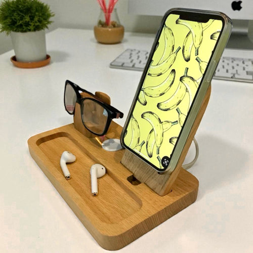 iPhone MagSafe, Apple Watch and glasses stand, wooden desk or bedside accessory