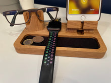 Personalised phone, Apple Watch and glasses charging stand in solid oak