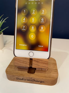 Personalised phone charging stand, iPhone, Samsung, Android solid oak docking station