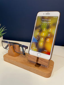 Phone and glasses holder, charging station, desk and bedside organiser