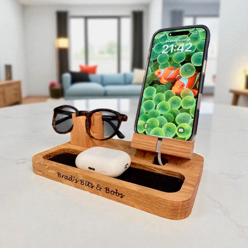Personalised phone and glasses charging stand in solid oak