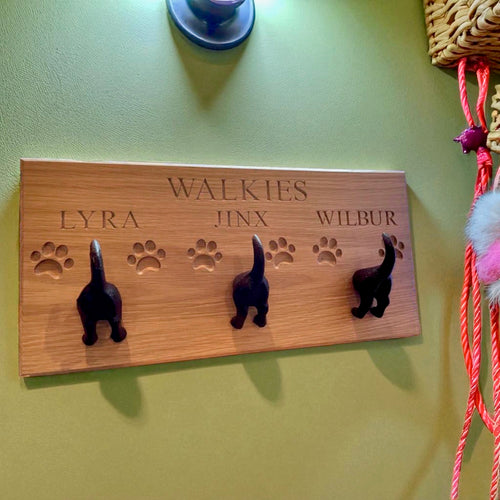 Dog Lead Hooks,  solid Oak with cast iron fun hooks, can be personalised