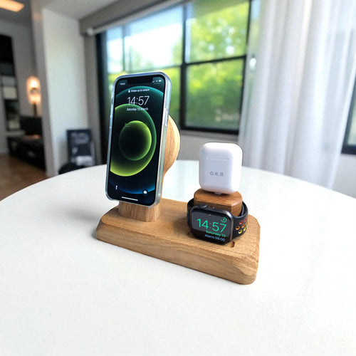3 in 1 Charging Station for iPhone, Apple Watch and AirPods  -  wireless MagSafe dock, solid oak