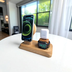 3 in 1 Charging Station for iPhone, Apple Watch and AirPods  -  wireless MagSafe dock, solid oak