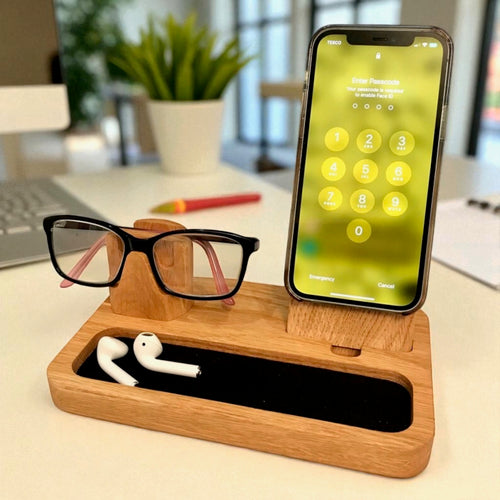 iPhone MagSafe, glasses holder, wooden bedside or desk organiser