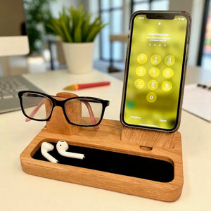 iPhone MagSafe, glasses holder, wooden bedside or desk organiser
