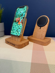 iPhone MagSafe charging stand, wooden docking station, Qi2 wireless charging
