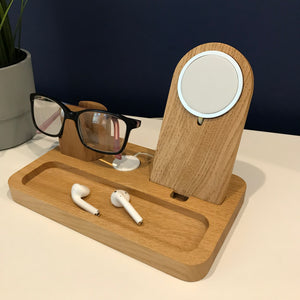 iPhone MagSafe, Apple Watch and glasses stand, wooden desk or bedside accessory