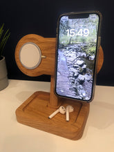 MagSafe dual iPhone docking station, wooden wireless charging in solid oak