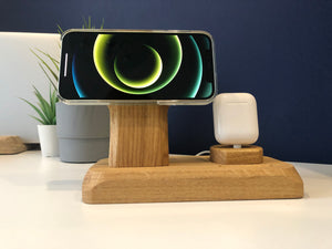 Solid oak iPhone and AirPods MagSafe charging station, wireless dock, desk or bedside accessory