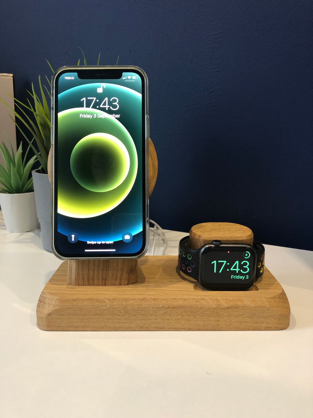 Solid oak iPhone and Apple Watch MagSafe charging station, wireless dock, desk or bedside accessory, can be personalised