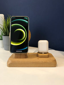 Solid oak iPhone and AirPods MagSafe charging station, wireless dock, desk or bedside accessory