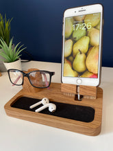 Personalised phone and glasses charging stand in solid oak